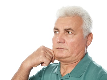 Photo of Mature man with double chin on white background