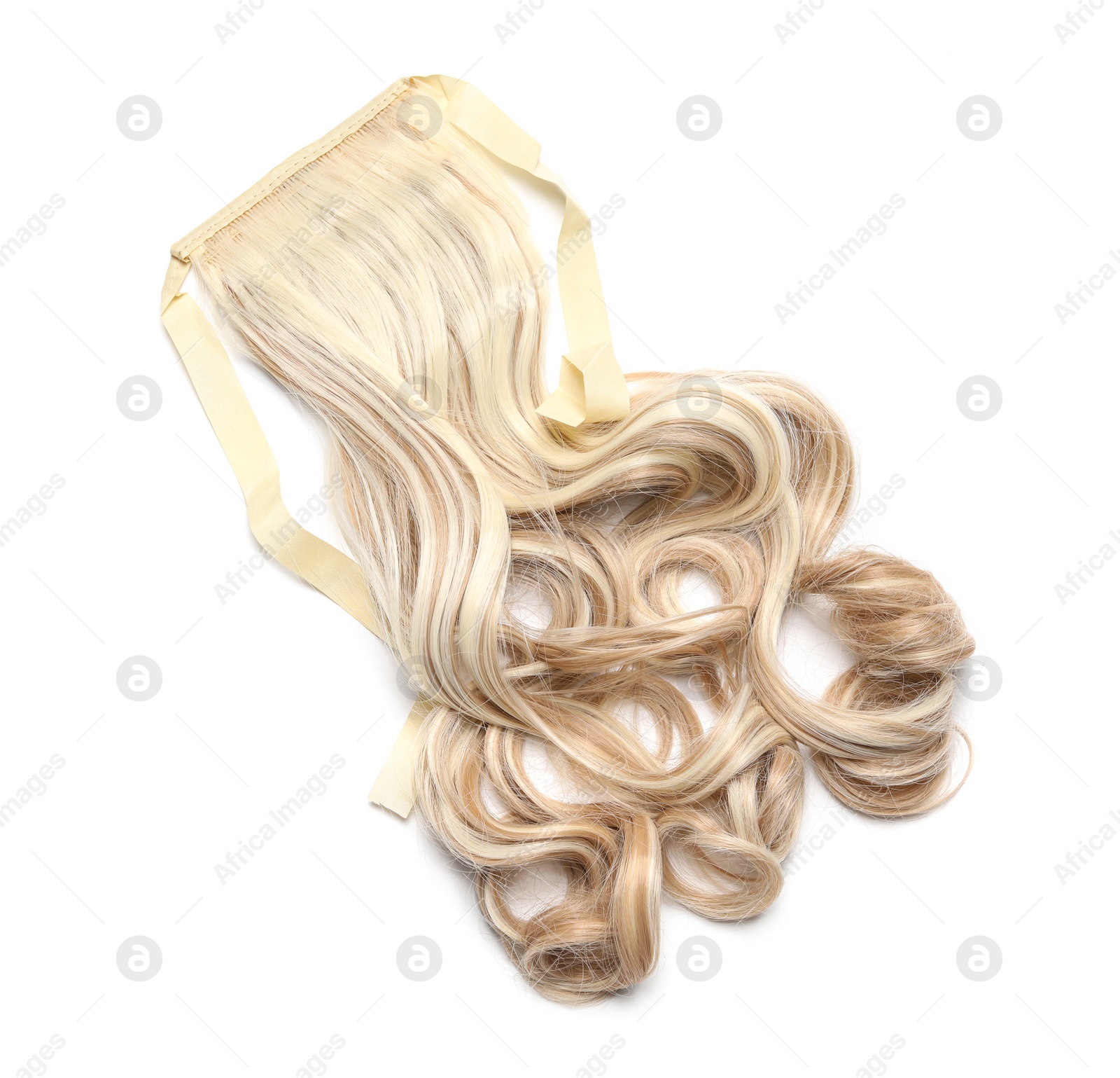 Photo of Beautiful blonde curly hair isolated on white, top view