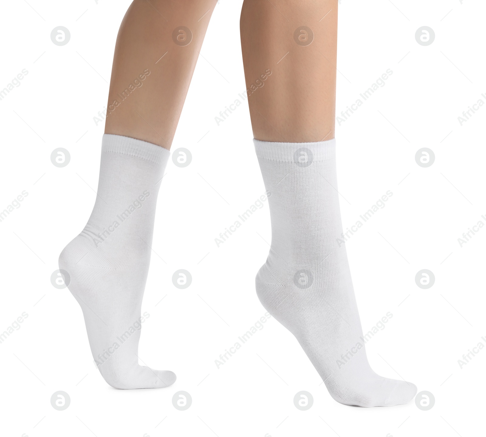 Photo of Woman in stylish socks on white background, closeup