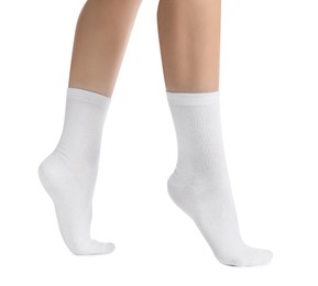 Photo of Woman in stylish socks on white background, closeup