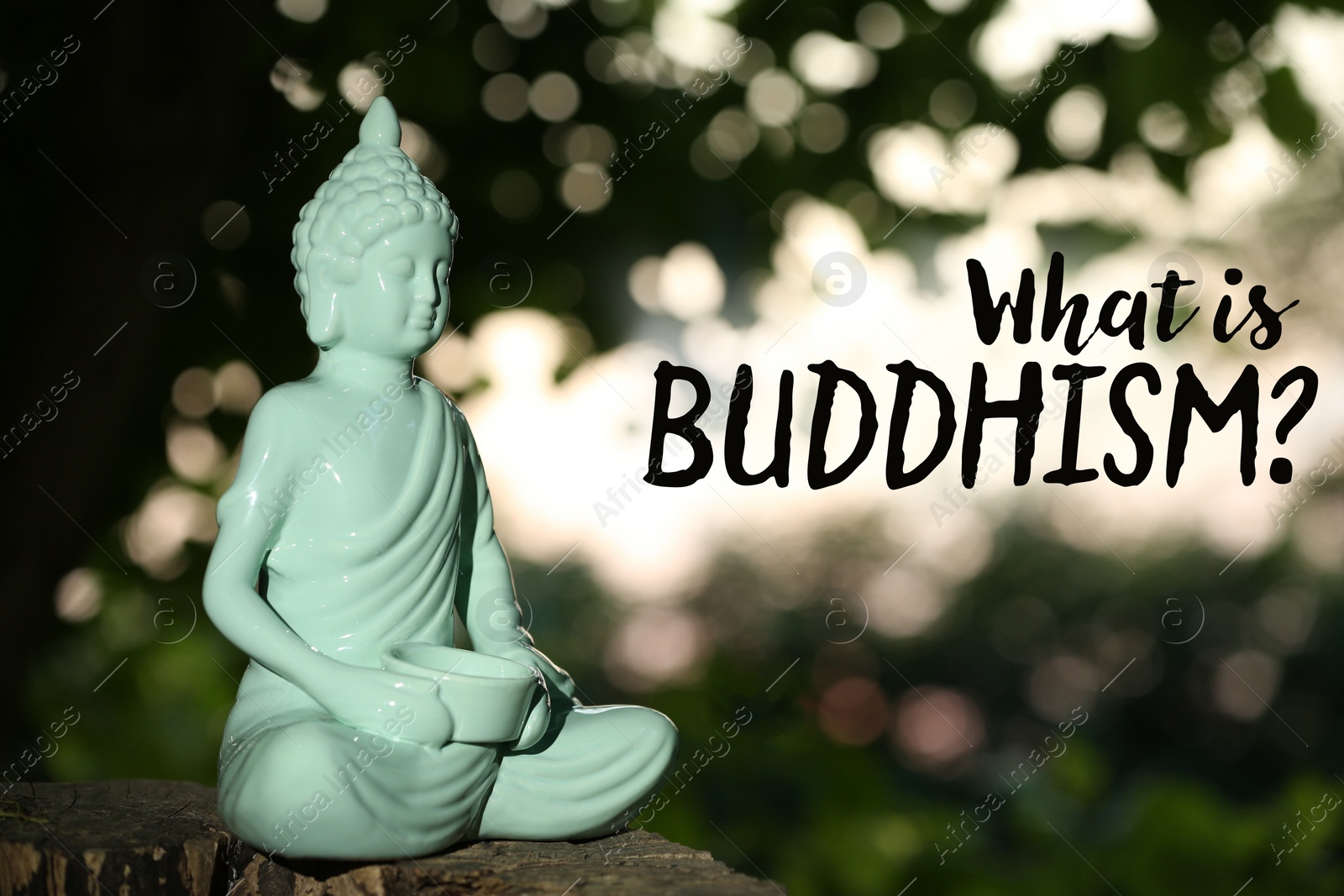 Image of Decorative Buddha statue outdoors and text What Is Buddhism