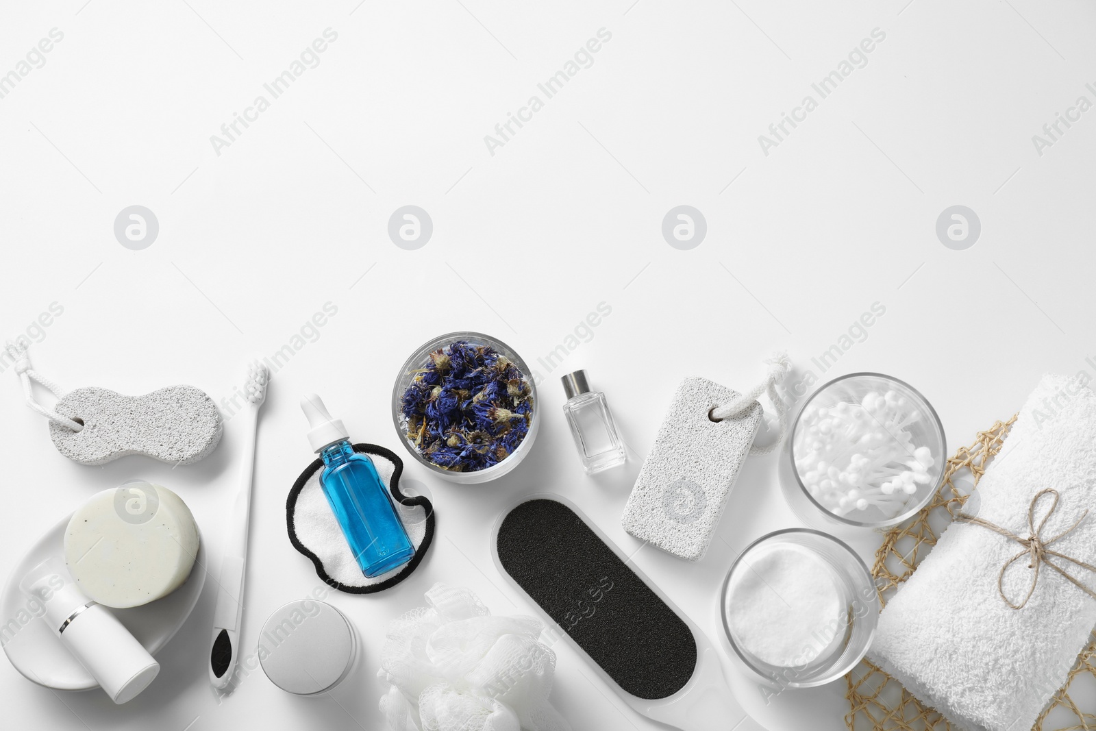 Photo of Bath accessories. Flat lay composition with personal care products on white background, space for text