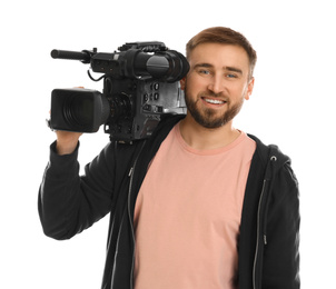 Operator with professional video camera on white background