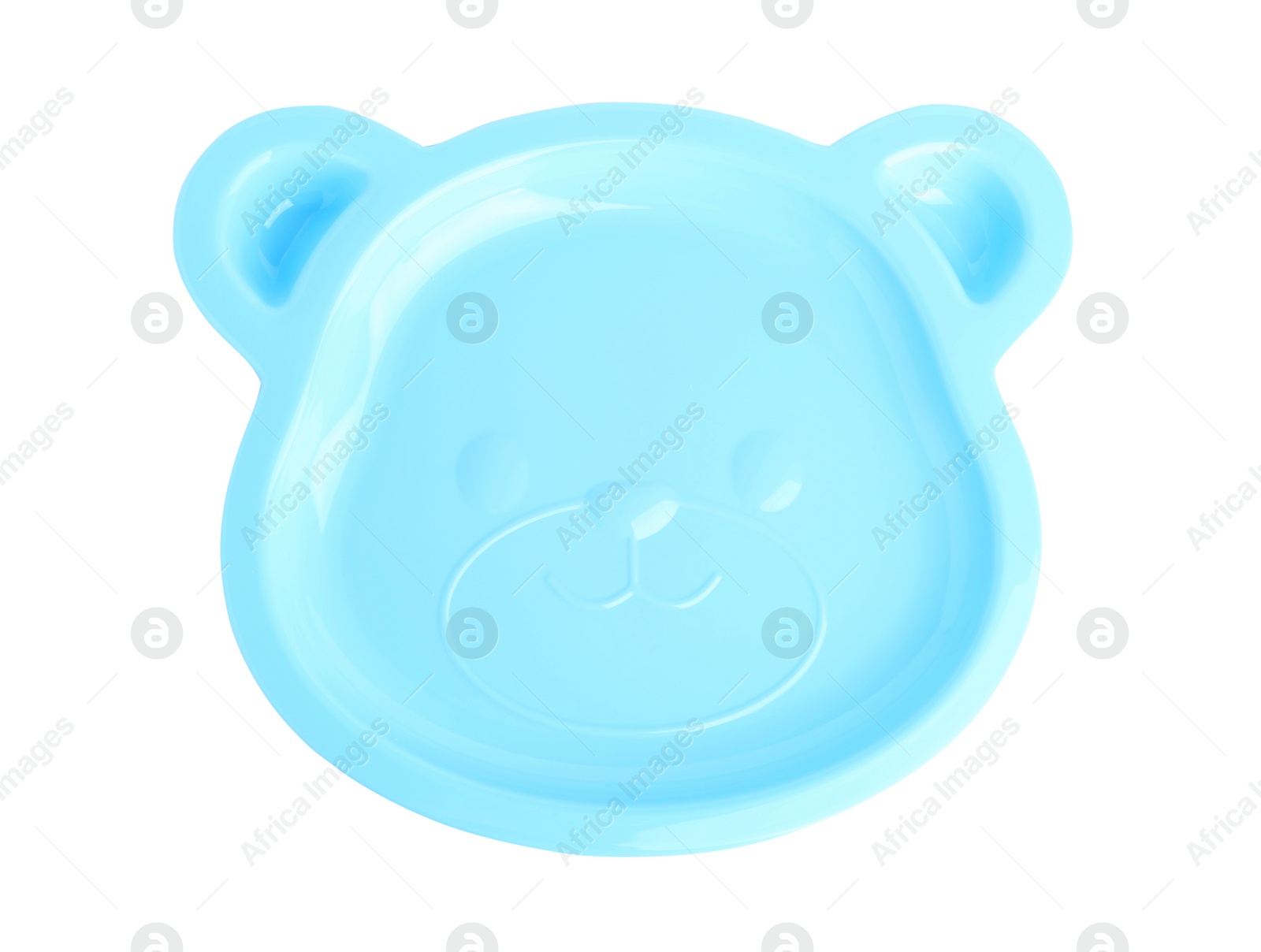 Photo of Cute animal shaped plate isolated on white, top view. Serving baby food