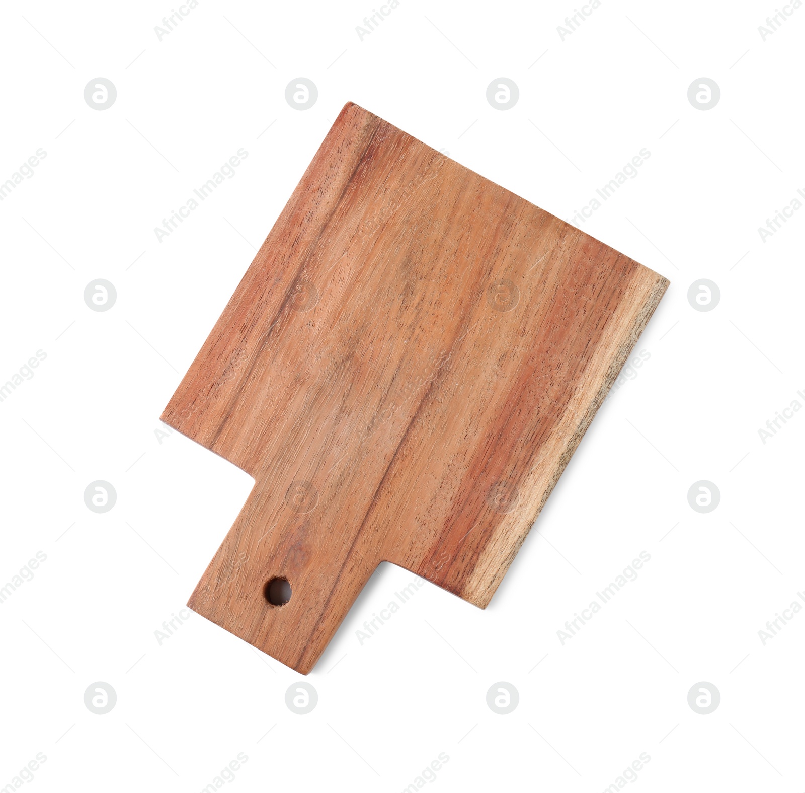 Photo of One wooden cutting board isolated on white, top view