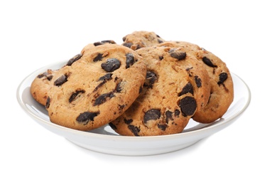 Photo of Plate with chocolate chip cookies on white background