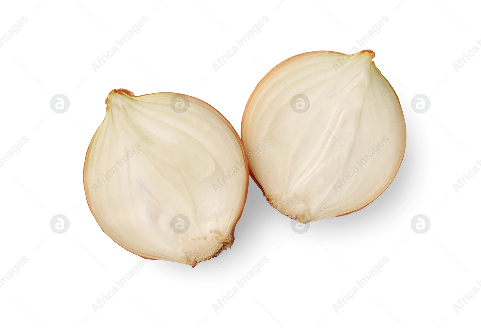 Photo of Halves of fresh onion on white background