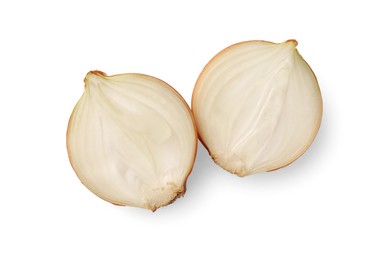 Halves of fresh onion on white background