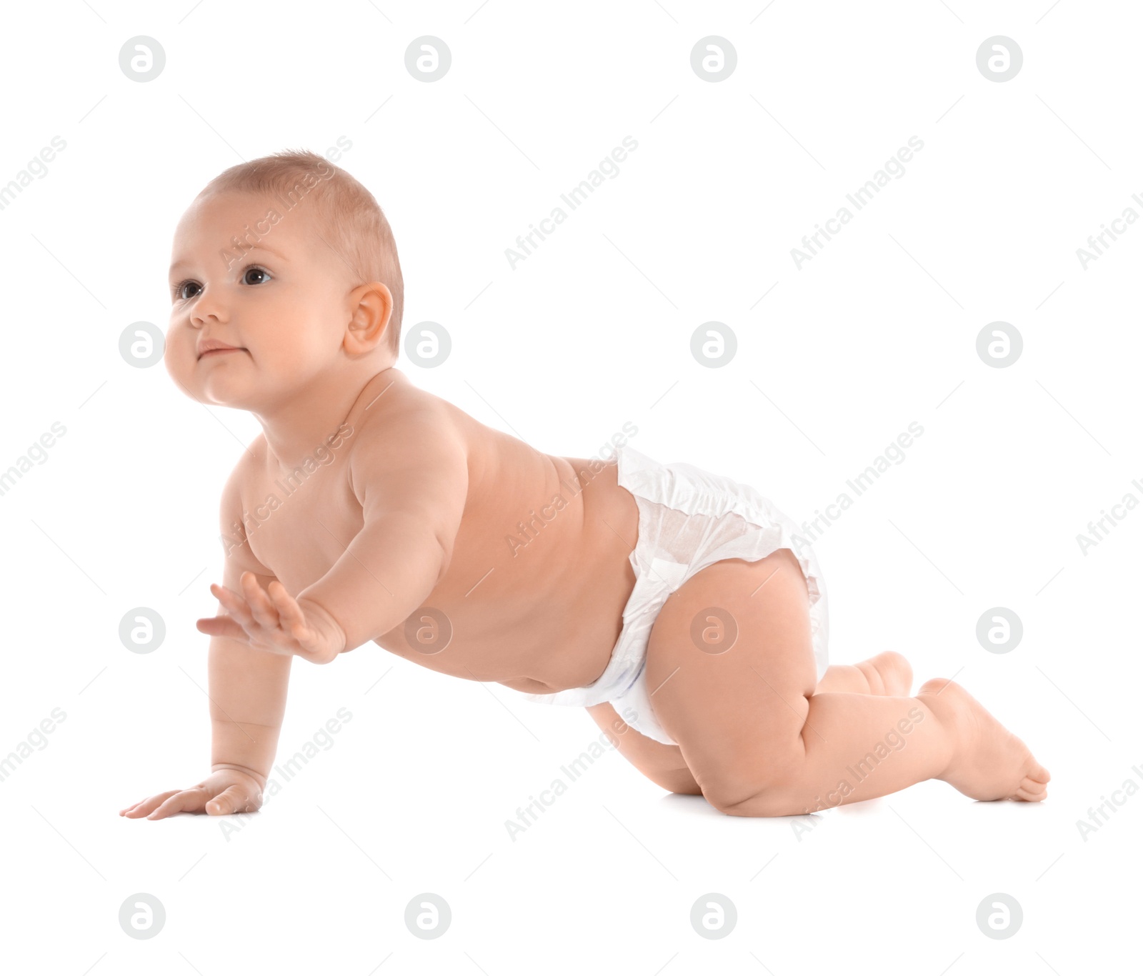 Photo of Cute little baby crawling on white background