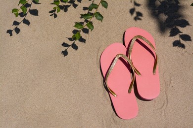 Photo of Stylish pink flip flops near green plant on sandy beach, flat lay. Space for text