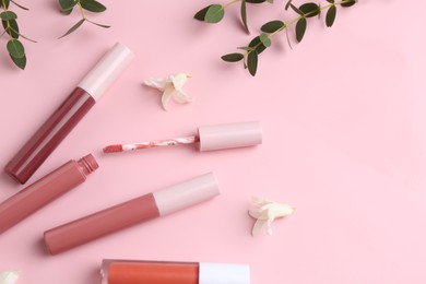 Different lip glosses, applicator, flowers and green leaves on pink background, flat lay. Space for text