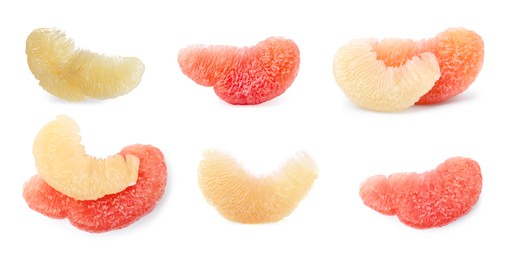 Collage with fresh peeled segments of pomelo fruits on white background