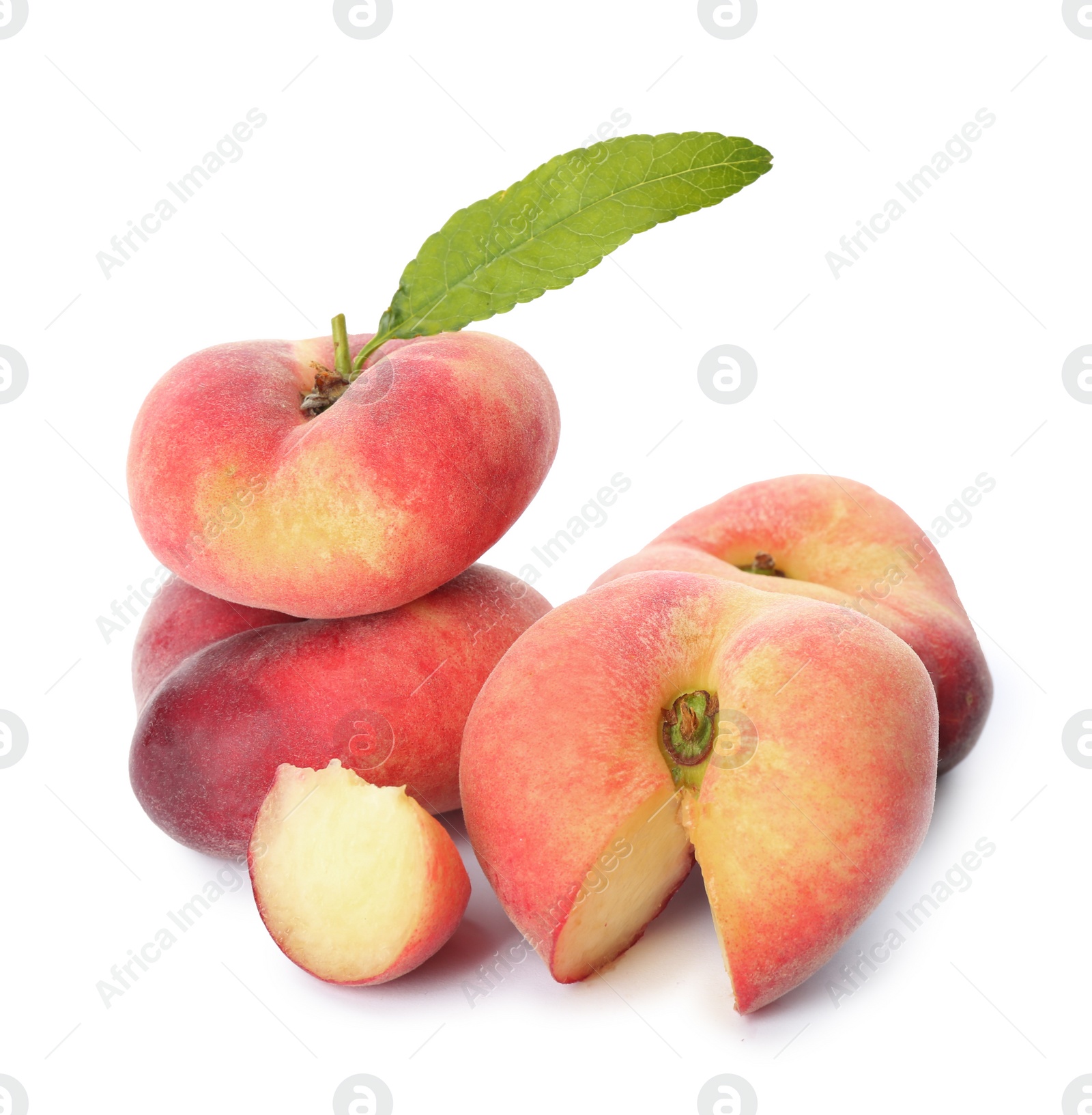 Photo of Fresh ripe donut peaches on white background