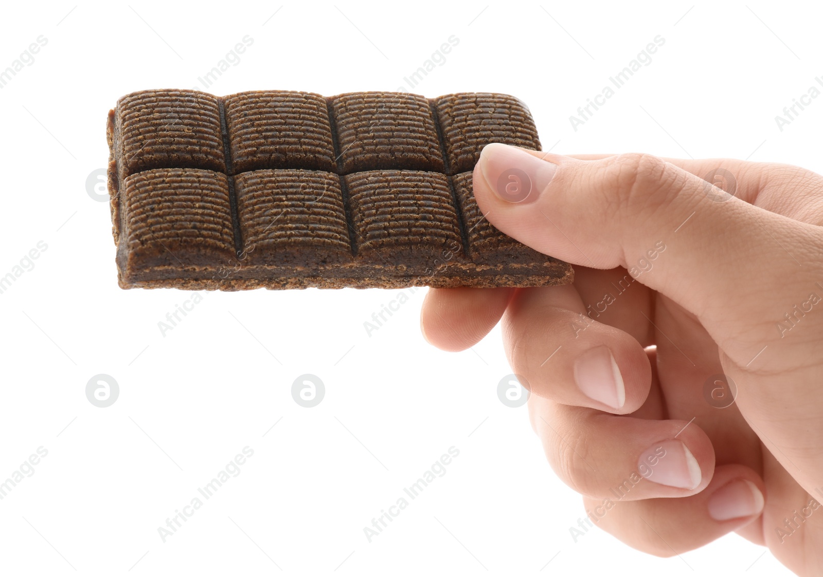 Photo of Woman holding hematogen bar on white background, closeup