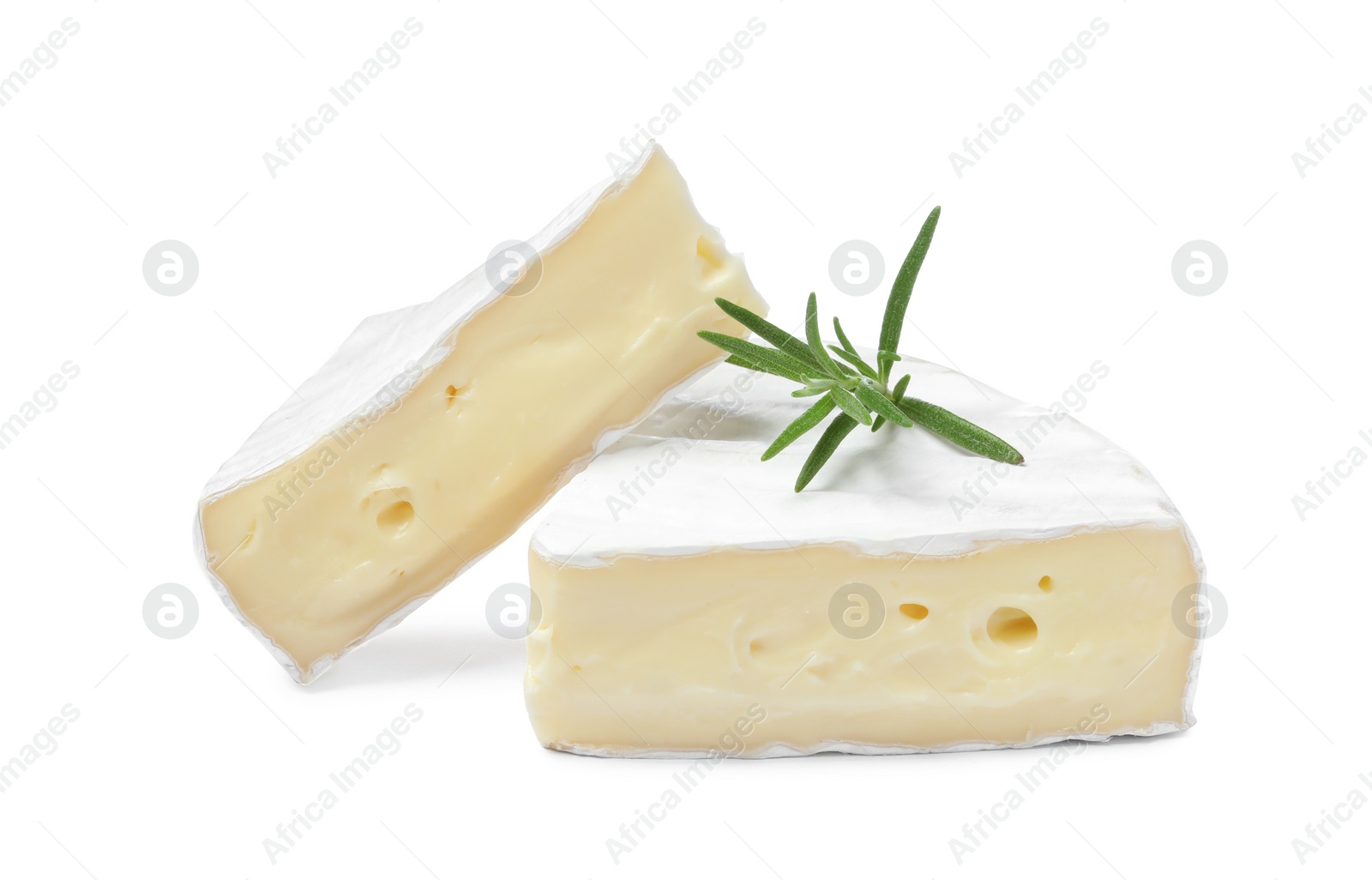 Photo of Tasty cut brie cheese with rosemary on white background