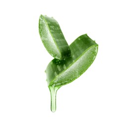 Image of Aloe vera leaf cross sections with juice in air on white background