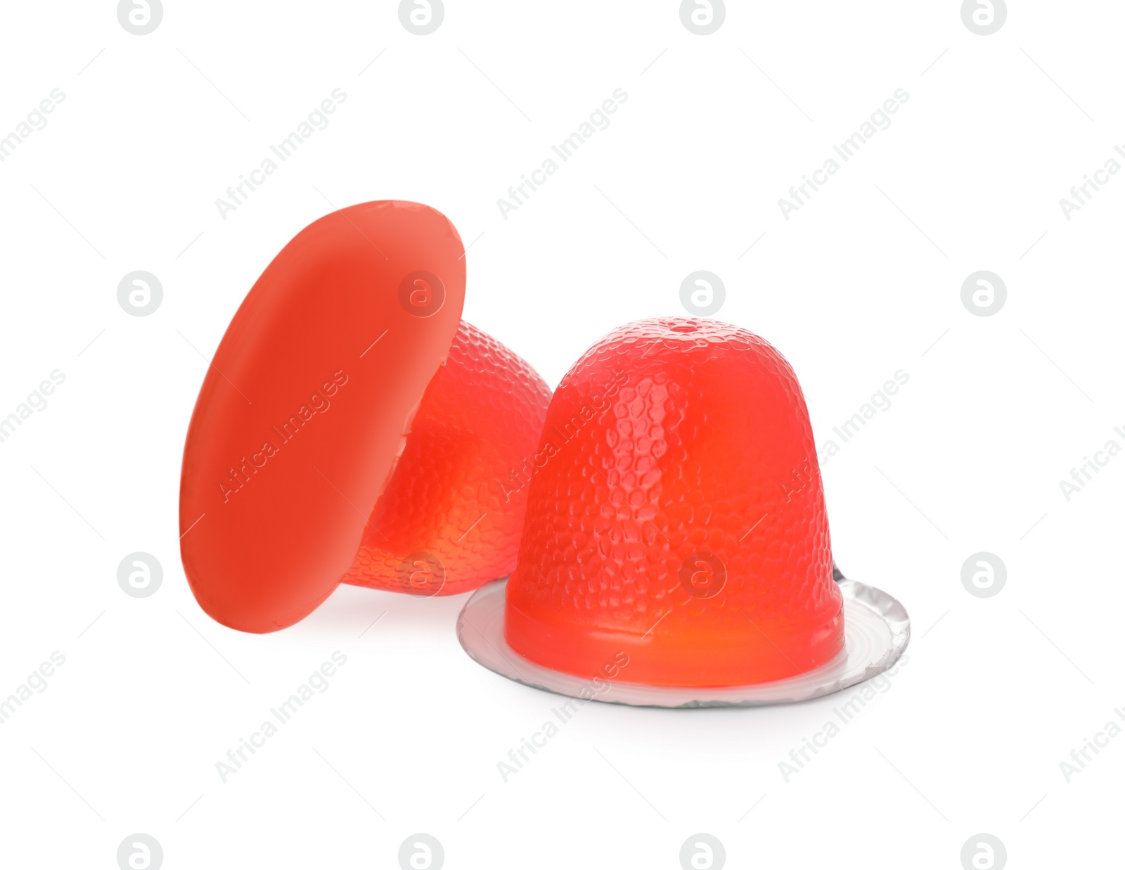 Photo of Delicious red jelly cups on white background