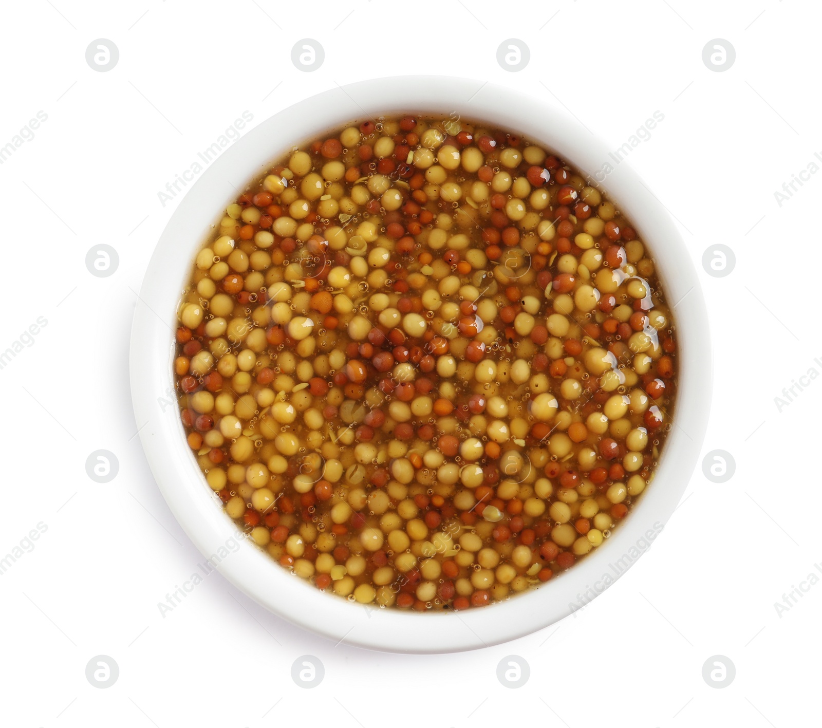 Photo of Delicious mustard beans in bowl on white background, top view. Spicy sauce