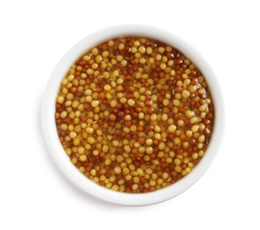 Photo of Delicious mustard beans in bowl on white background, top view. Spicy sauce