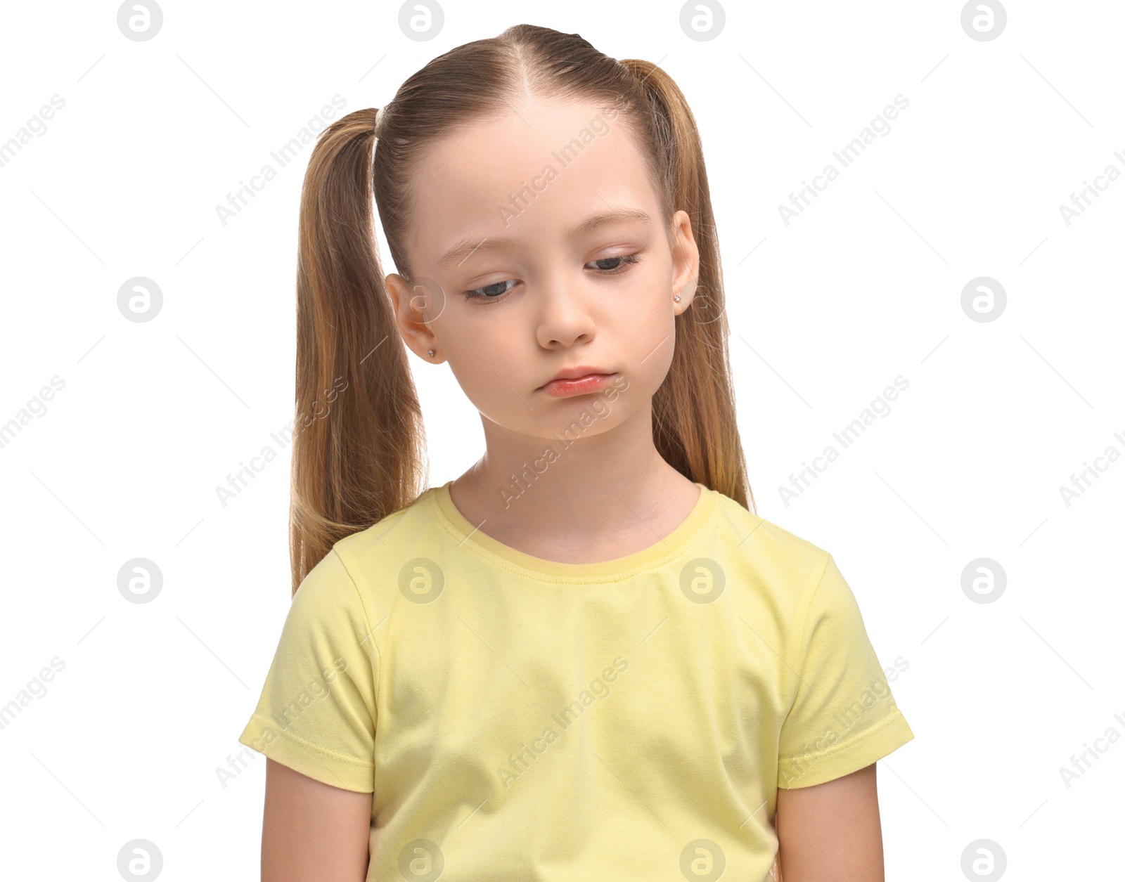 Photo of Portrait of sad girl on white background