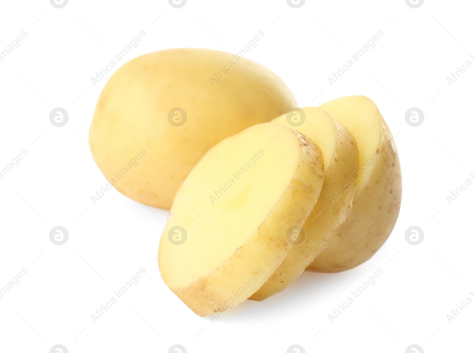 Photo of Whole and cut fresh raw organic potatoes on white background