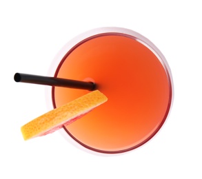 Photo of Glass of grapefruit cocktail isolated on white, top view