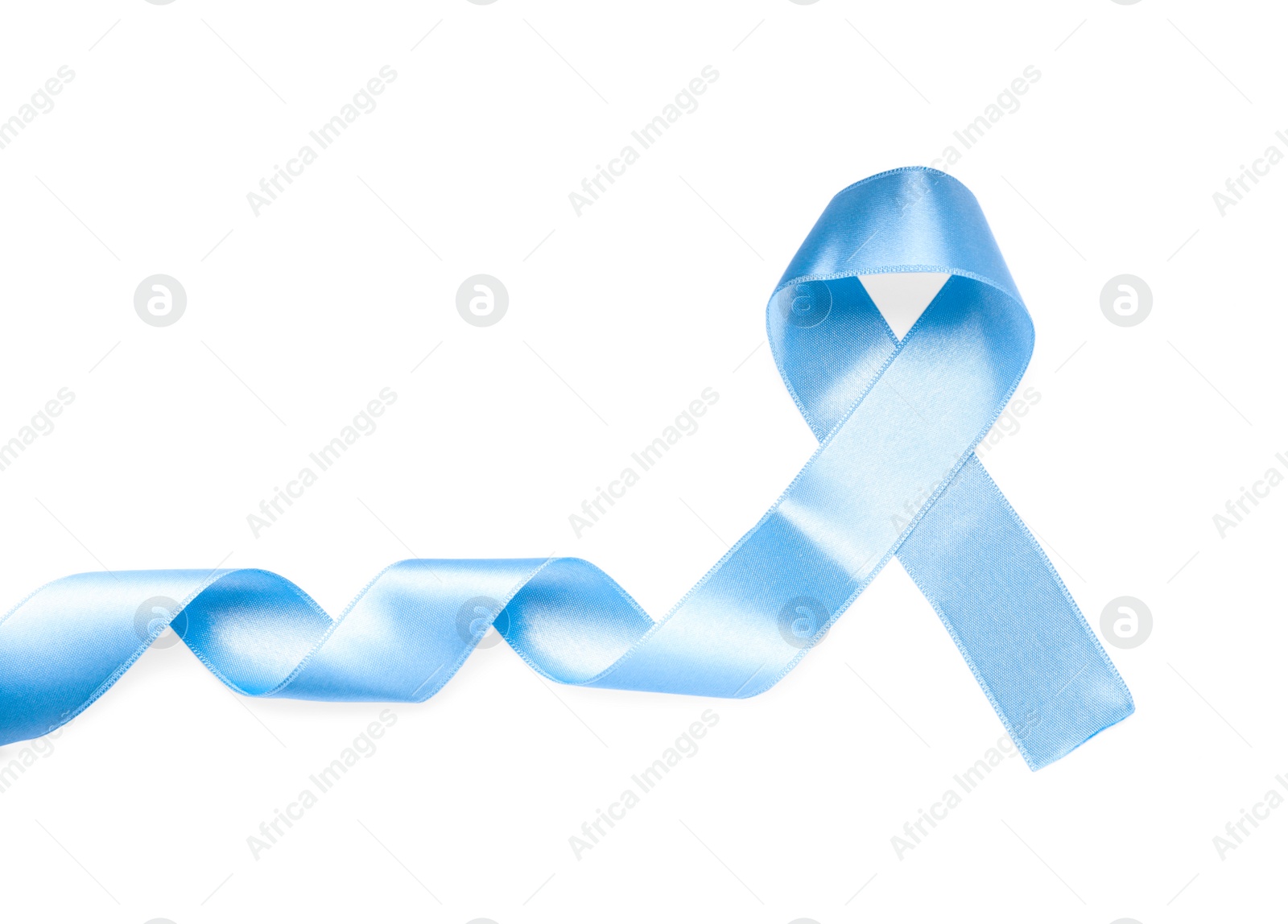 Photo of Light blue awareness ribbon isolated on white, top view