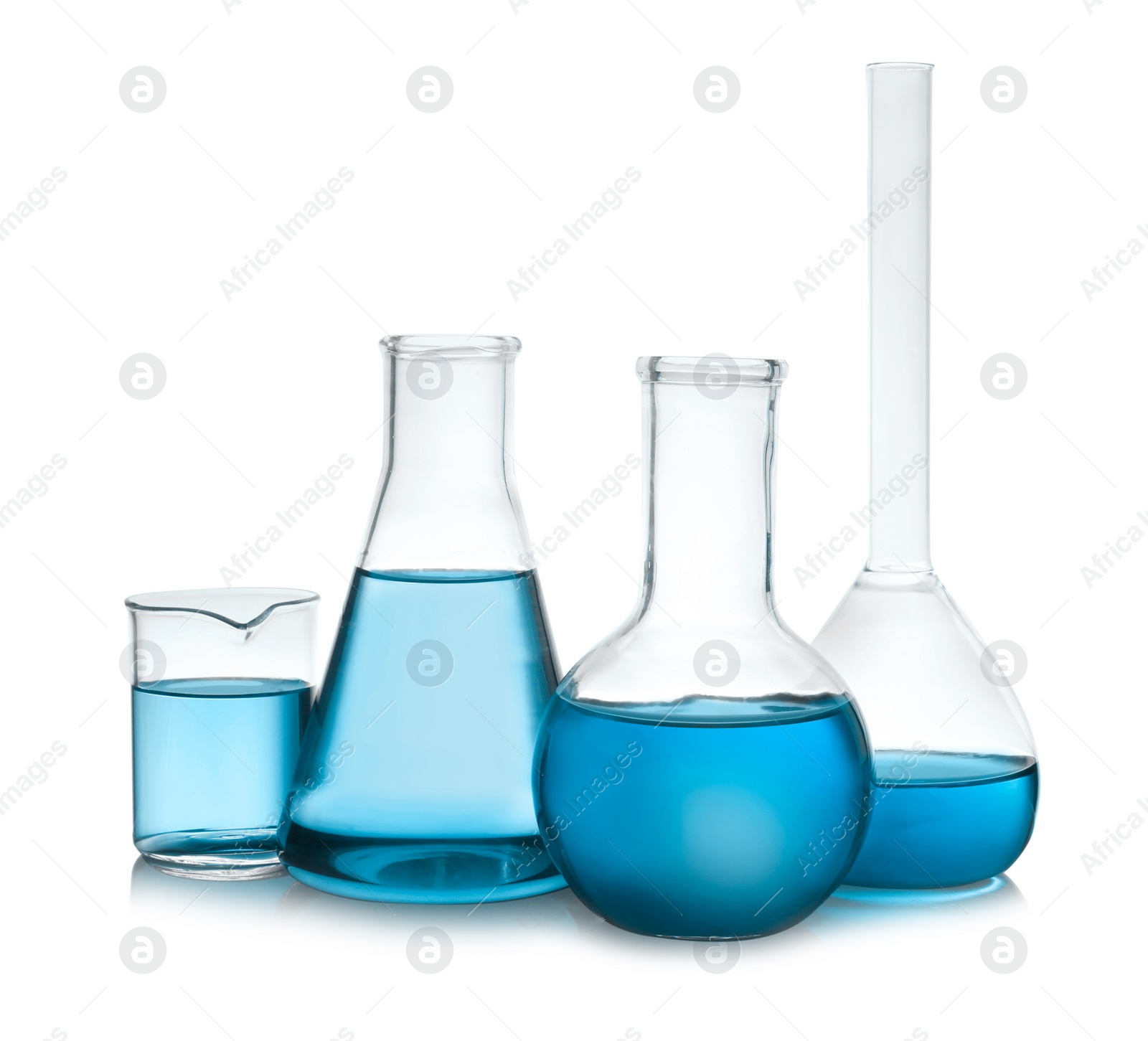 Image of Laboratory glassware with blue liquid isolated on white