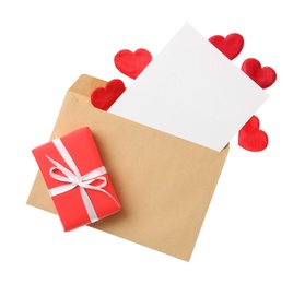 Blank card, envelope and gift box on white background, top view. Valentine's Day celebration