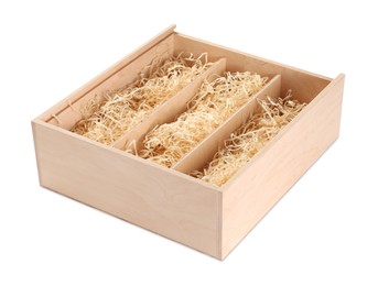 Photo of Open wooden wine box with straw isolated on white