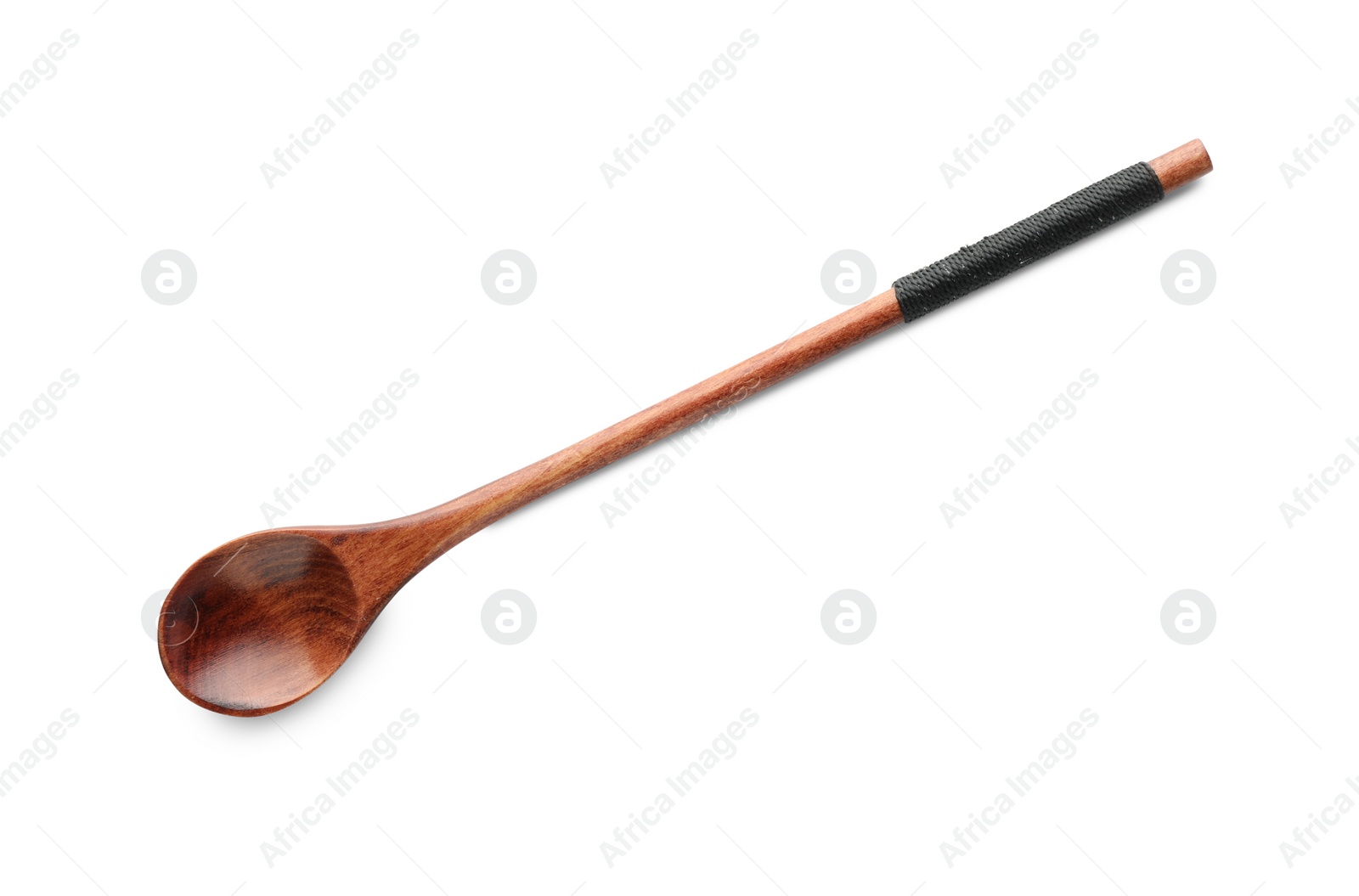 Photo of One empty wooden spoon isolated on white, top view