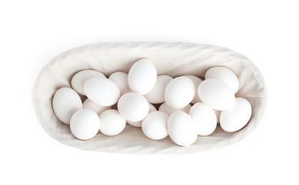 Chicken eggs in bowl isolated on white, top view