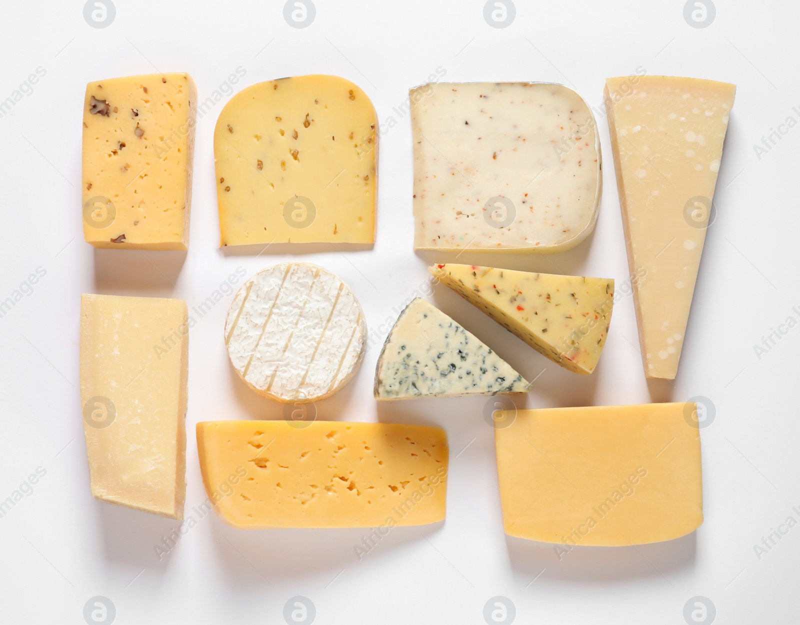 Photo of Composition with different kinds of tasty cheese on white background, top view