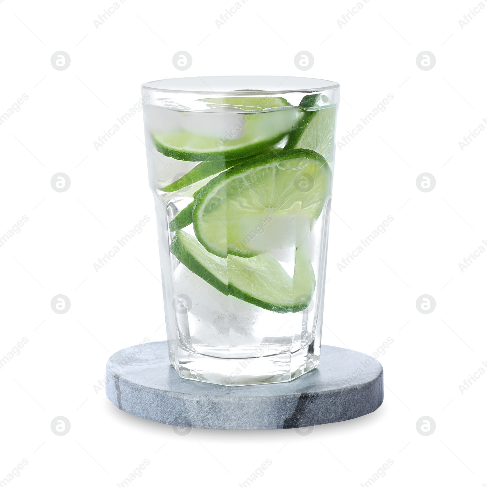 Photo of Glass of lemonade and stylish stone cup coaster isolated on white