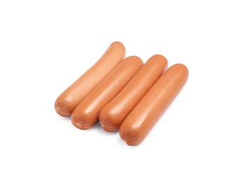 Photo of Fresh raw sausages isolated on white. Ingredients for hot dogs