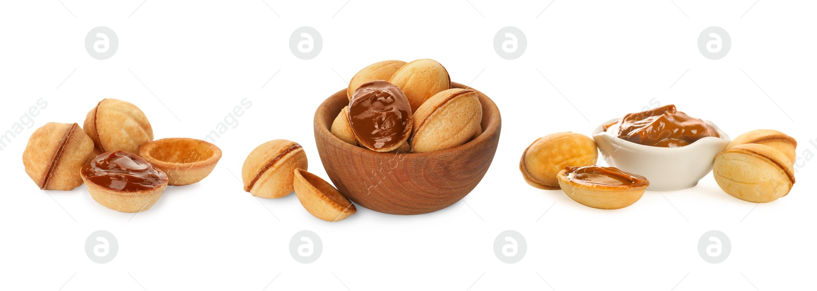 Image of Delicious nut shaped cookies with caramelized condensed milk isolated on white, collage design