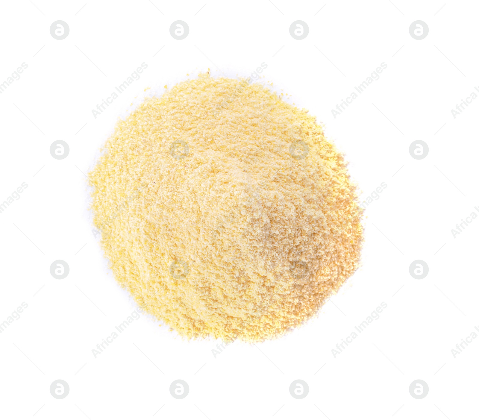Photo of Pile of corn flour isolated on white, top view