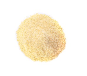 Photo of Pile of corn flour isolated on white, top view