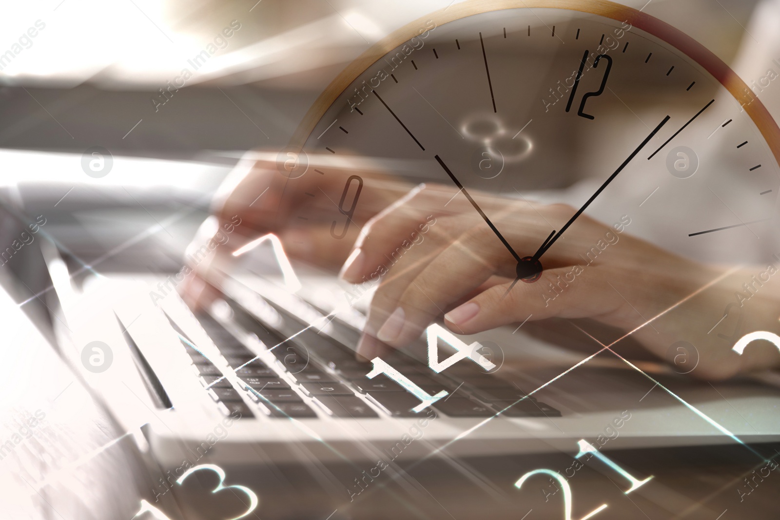 Image of Multiple exposure of woman working on laptop, calendar and clock