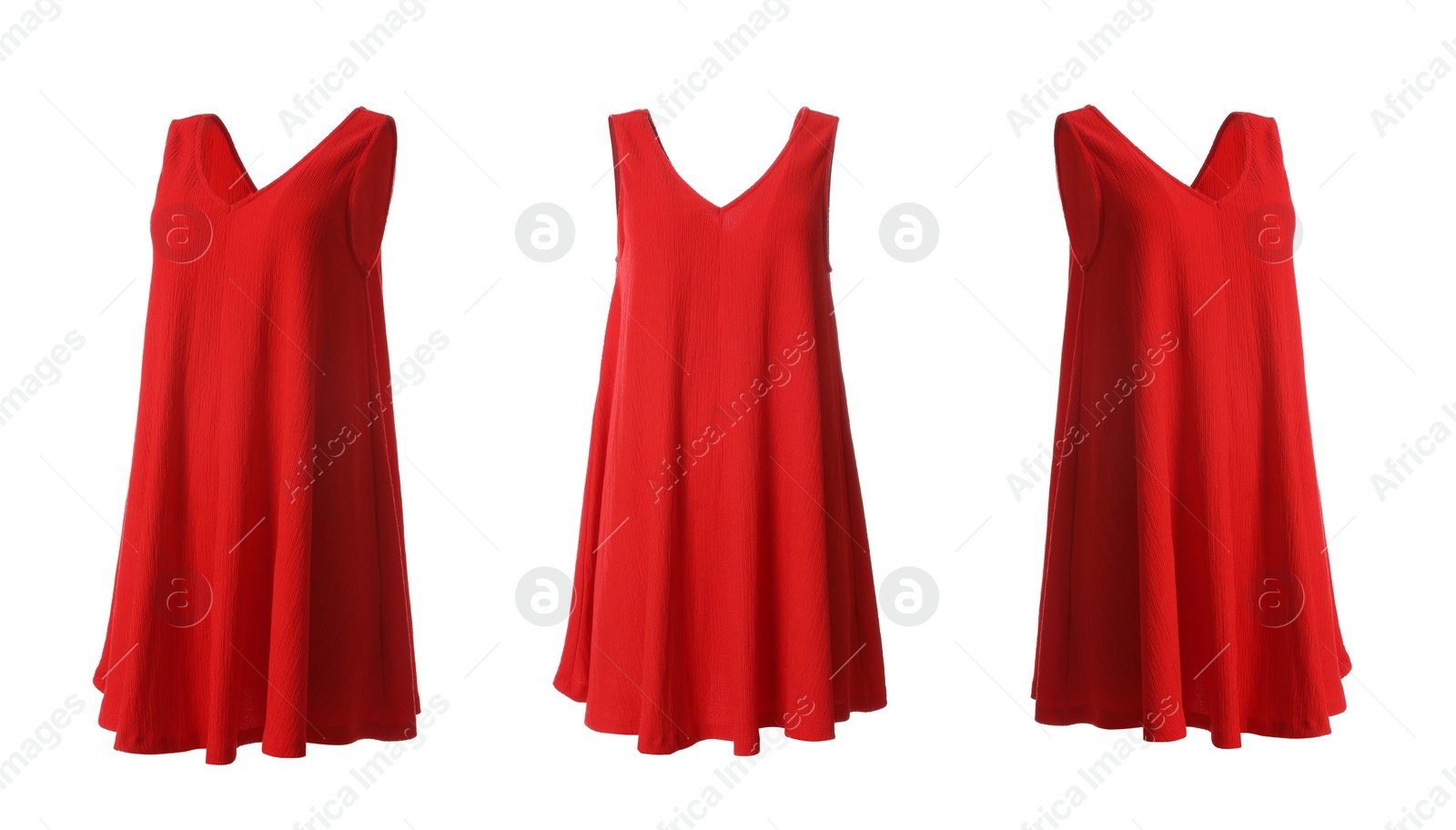 Image of Set of beautiful short red dresses from different views on white background