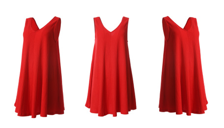 Image of Set of beautiful short red dresses from different views on white background