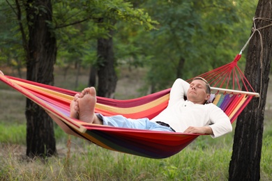 Photo of Man resting in comfortable hammock at green garden