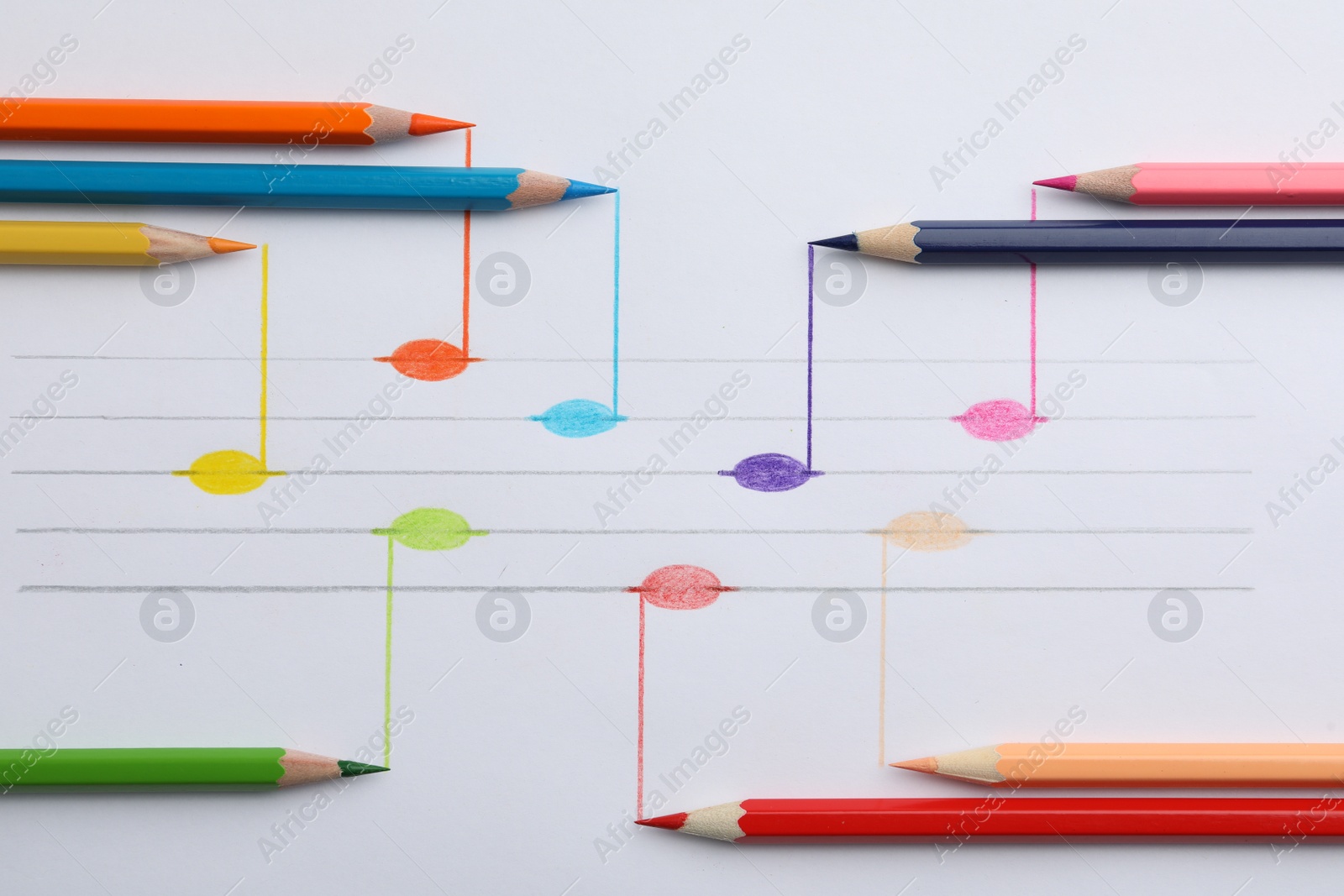 Photo of Drawing of musical notes and colorful pencils on white background, top view