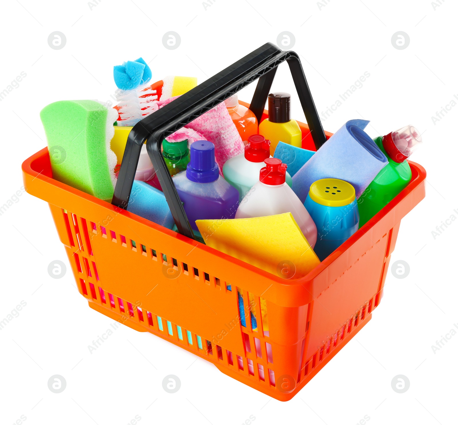 Photo of Shopping basket full of detergents on white background