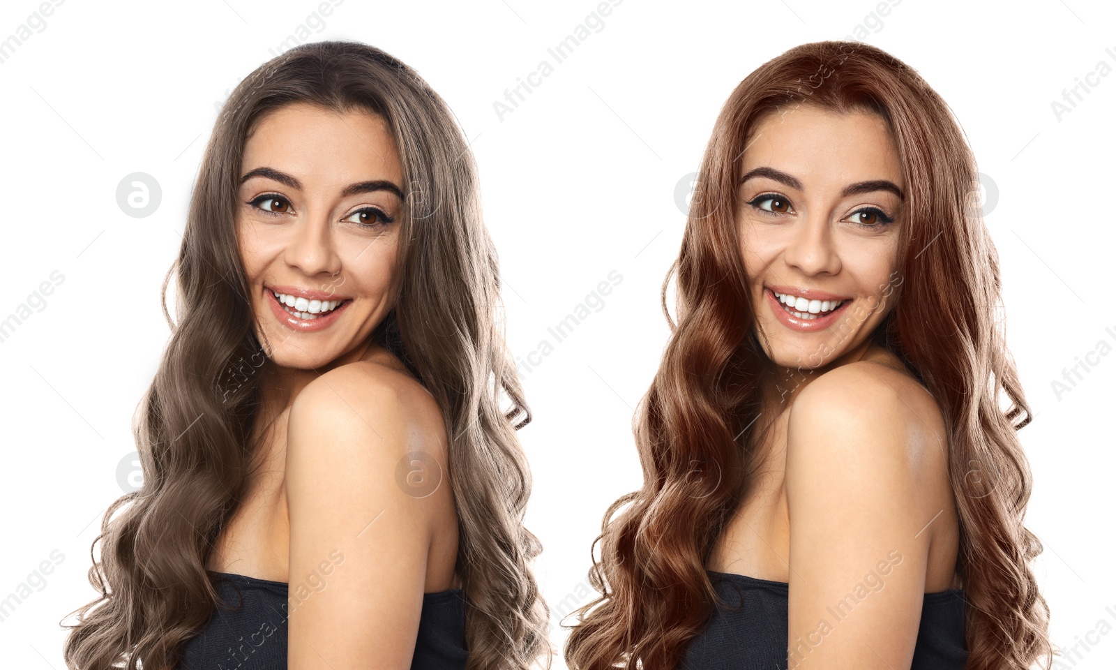 Image of Beautiful woman before and after hair coloring on white background 