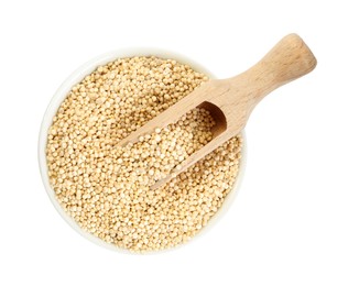 Photo of Bowl with quinoa and wooden scoop on white background, top view