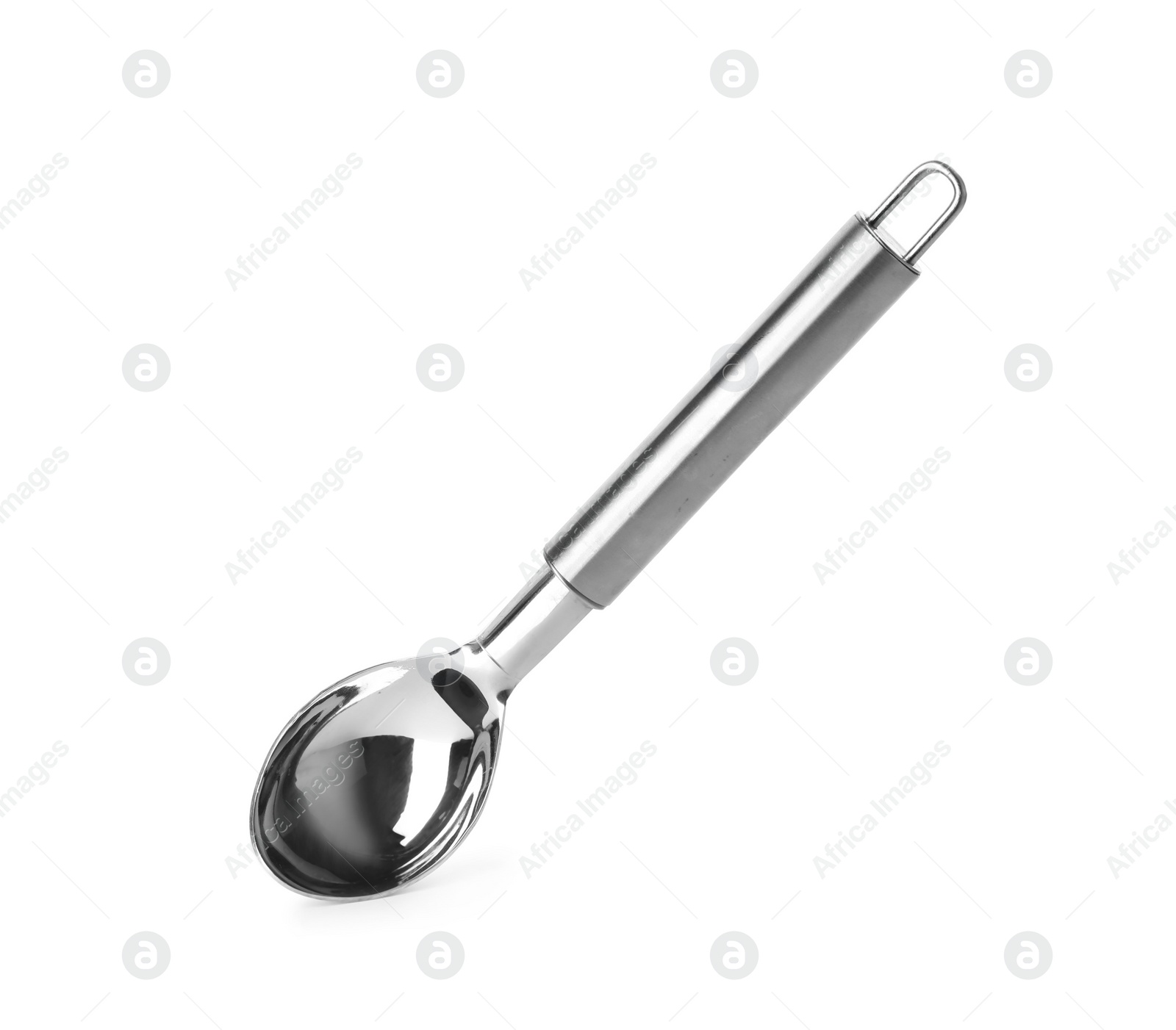 Photo of Stainless steel spoon on white background. Kitchen utensils