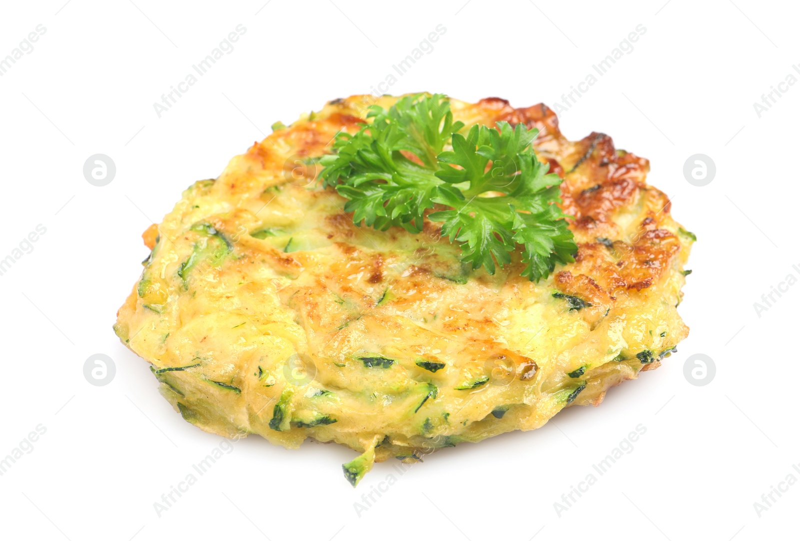 Photo of Delicious zucchini fritter with curly parsley isolated on white