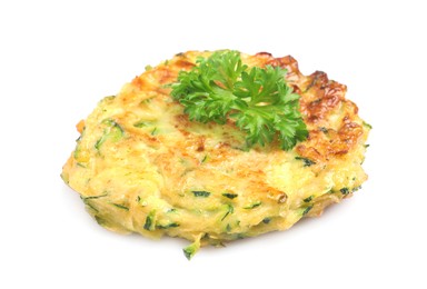 Photo of Delicious zucchini fritter with curly parsley isolated on white