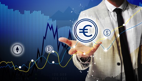 Image of Cryptocurrency, banner design. Businessman holding illustration of euro symbol on blue background, closeup. Different graphs and icons near him